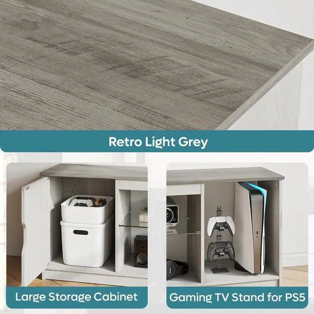 Alt view image 6 of 7 - Bestier 58" LED TV Stand with Glass Shelf & Storage Cabinet, Gaming Entertainment Center for PS5, Fits up to 65 Inch TV, Wash Grey
