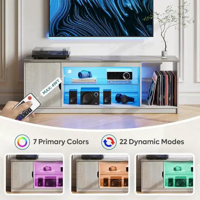 Alt view image 4 of 7 - Bestier 58" LED TV Stand with Glass Shelf & Storage Cabinet, Gaming Entertainment Center for PS5, Fits up to 65 Inch TV, Wash Grey