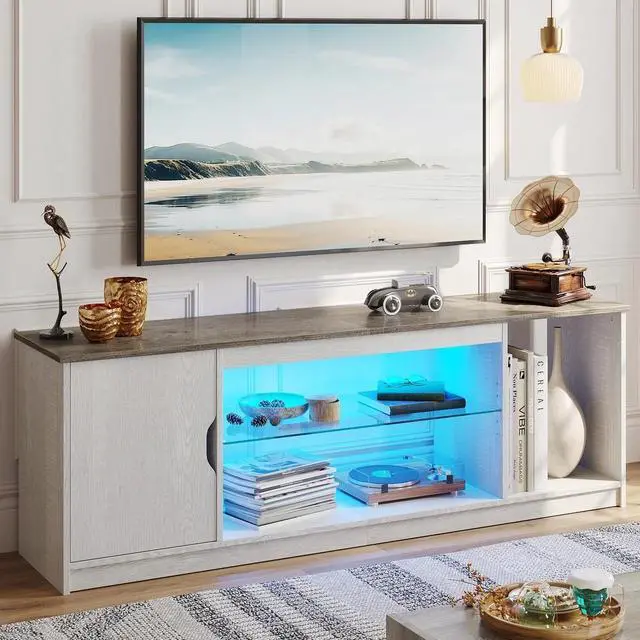 Main image of Bestier 58" LED TV Stand with Glass Shelf & Storage Cabinet, Gaming Entertainment Center for PS5, Fits up to 65 Inch TV, Wash Grey