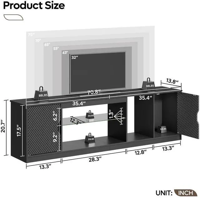 Alt view image 7 of 7 - Bestier LED TV Stand for 65/75/80 inch TVs, Gaming Entertainment Center with Storage for PS5, Adjustable Glass Shelf TV Console for Living Room, Black
