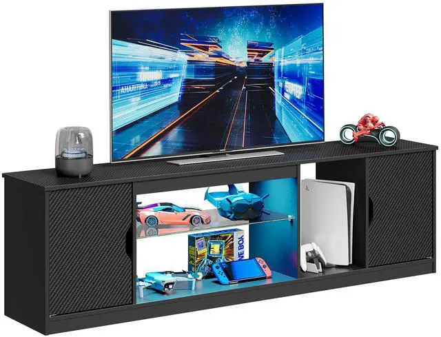Alt view image 6 of 7 - Bestier LED TV Stand for 65/75/80 inch TVs, Gaming Entertainment Center with Storage for PS5, Adjustable Glass Shelf TV Console for Living Room, Black