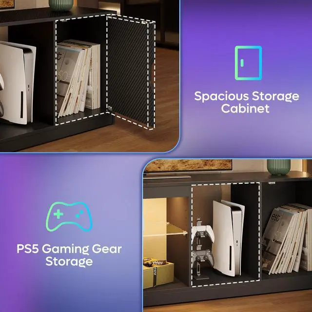 Alt view image 4 of 7 - Bestier LED TV Stand for 65/75/80 inch TVs, Gaming Entertainment Center with Storage for PS5, Adjustable Glass Shelf TV Console for Living Room, Black