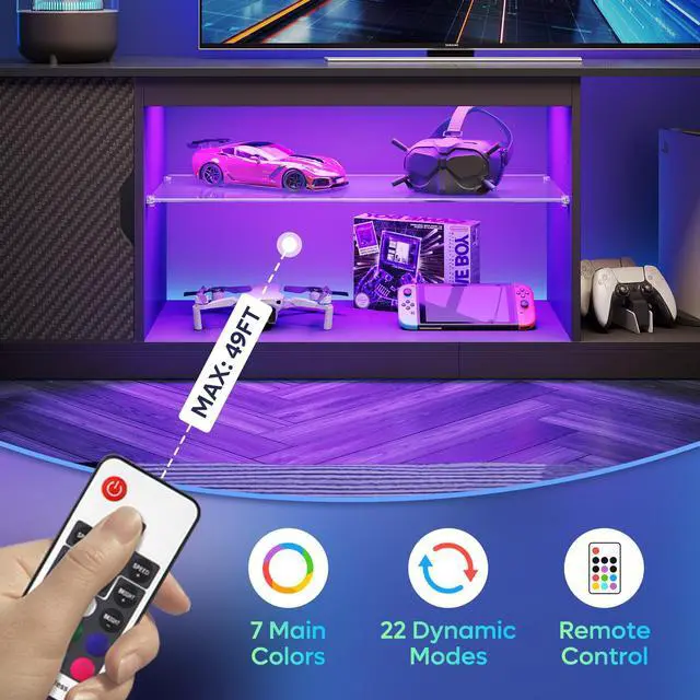 Alt view image 3 of 7 - Bestier LED TV Stand for 65/75/80 inch TVs, Gaming Entertainment Center with Storage for PS5, Adjustable Glass Shelf TV Console for Living Room, Black