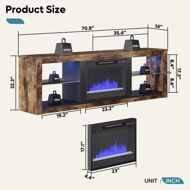 Alt view image 6 of 7 - Bestier 70" TV Stand with LED Lights and Glass Shelves for TVs up to 75" , Brown-Without the Heating