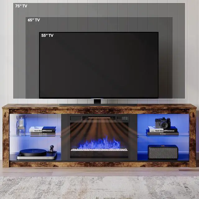 Alt view image 4 of 7 - Bestier 70" TV Stand with LED Lights and Glass Shelves for TVs up to 75" , Brown-Without the Heating