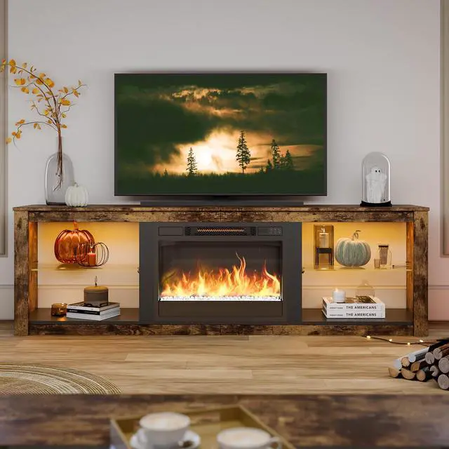 Main image of Bestier 70" TV Stand with LED Lights and Glass Shelves for TVs up to 75" , Brown-Without the Heating