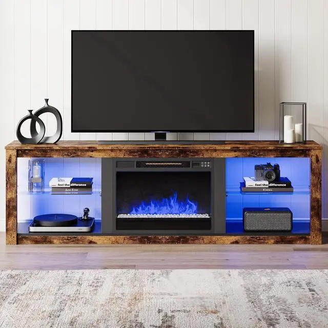 Alt view image 5 of 7 - Bestier 70" TV Stand with LED Lights and Glass Shelves for TVs up to 75" , Brown-Without the Heating