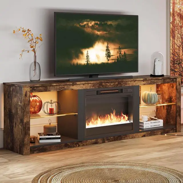 Alt view image 2 of 7 - Bestier 70" TV Stand with LED Lights and Glass Shelves for TVs up to 75" , Brown-Without the Heating