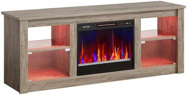 Alt view image 6 of 7 - Bestier 63" Fireplace TV Stand for TVs Up to 70", RGB Remote Electric Fireplace Entertainment Center with Textured Transparent Door, Glass Shelves & Storage Cabinets for Living Room, Grey