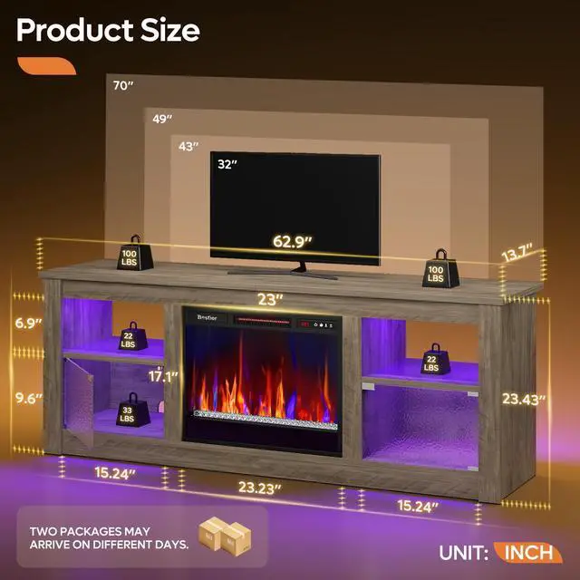 Alt view image 7 of 7 - Bestier 63" Fireplace TV Stand for TVs Up to 70", RGB Remote Electric Fireplace Entertainment Center with Textured Transparent Door, Glass Shelves & Storage Cabinets for Living Room, Grey