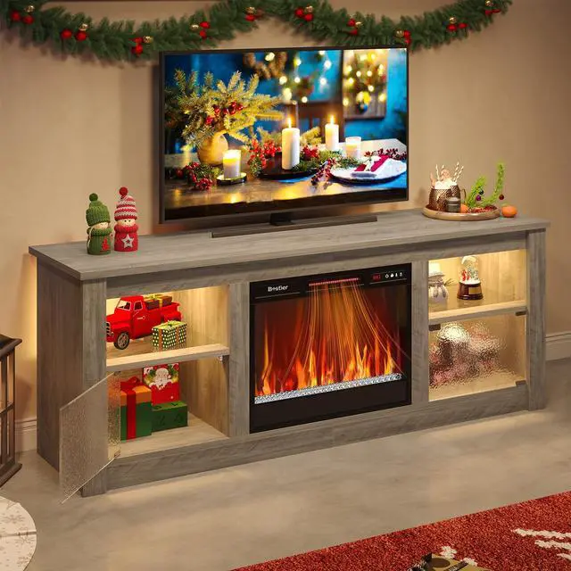 Alt view image 2 of 7 - Bestier 63" Fireplace TV Stand for TVs Up to 70", RGB Remote Electric Fireplace Entertainment Center with Textured Transparent Door, Glass Shelves & Storage Cabinets for Living Room, Grey