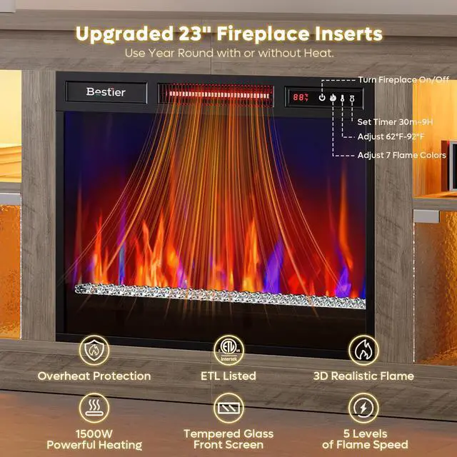 Alt view image 4 of 7 - Bestier 63" Fireplace TV Stand for TVs Up to 70", RGB Remote Electric Fireplace Entertainment Center with Textured Transparent Door, Glass Shelves & Storage Cabinets for Living Room, Grey