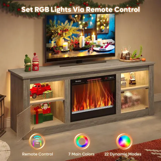 Alt view image 3 of 7 - Bestier 63" Fireplace TV Stand for TVs Up to 70", RGB Remote Electric Fireplace Entertainment Center with Textured Transparent Door, Glass Shelves & Storage Cabinets for Living Room, Grey