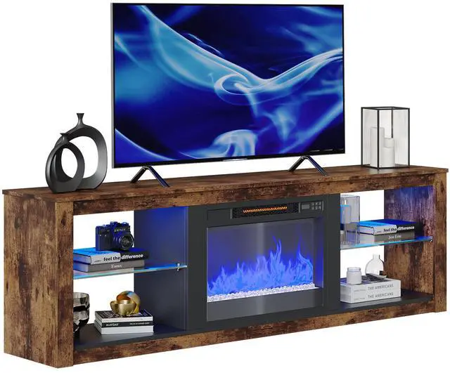 Alt view image 7 of 7 - Bestier Fireplace Tv Stand with LED Glass Shelves Media Console Entertainment Gaming Center Heater Inside for Up to 75" Tvs, Brown