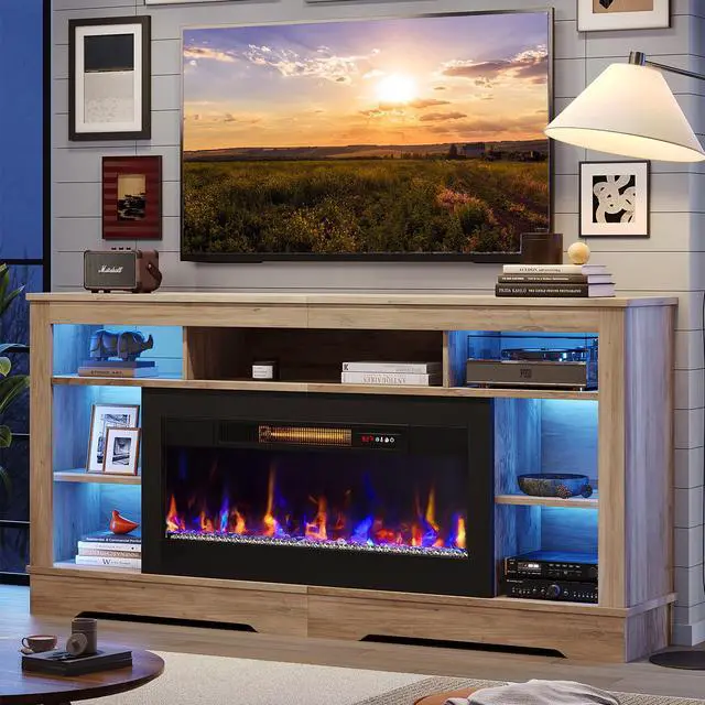 Alt view image 2 of 7 - Bestier 71" Fireplace LED TV Stand with 36" Electric Fireplace and Storage Entertainment Center Console Table for TVs up to 80", Gray Wash