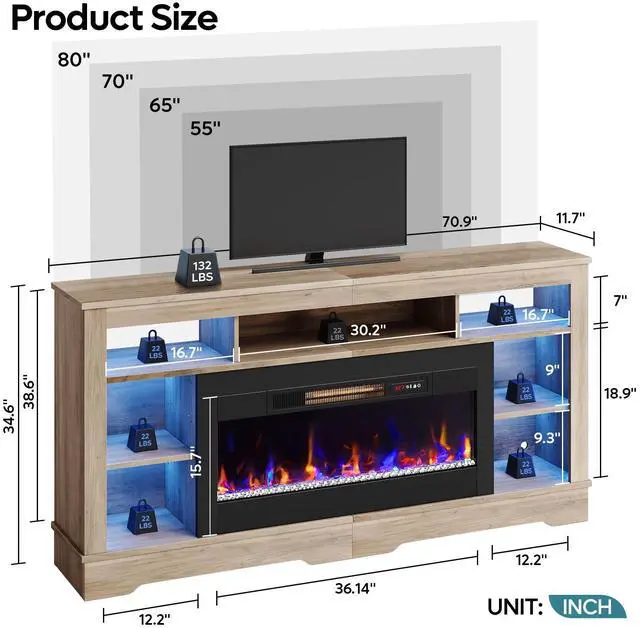 Alt view image 7 of 7 - Bestier 71" Fireplace LED TV Stand with 36" Electric Fireplace and Storage Entertainment Center Console Table for TVs up to 80", Gray Wash