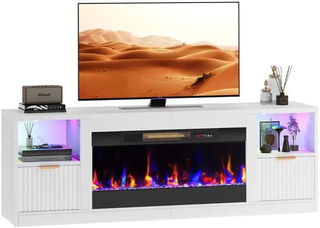 Alt view image 6 of 7 - Bestier 70" Fireplace TV Stand for TVs up to 80", Fluted Entertainment Center with 36" Fireplace, 0.5-9 Hours Timer, LED Lights Media Console for Living Room, White