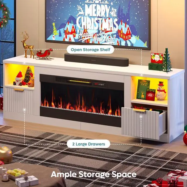 Alt view image 2 of 7 - Bestier 70" Fireplace TV Stand for TVs up to 80", Fluted Entertainment Center with 36" Fireplace, 0.5-9 Hours Timer, LED Lights Media Console for Living Room, White