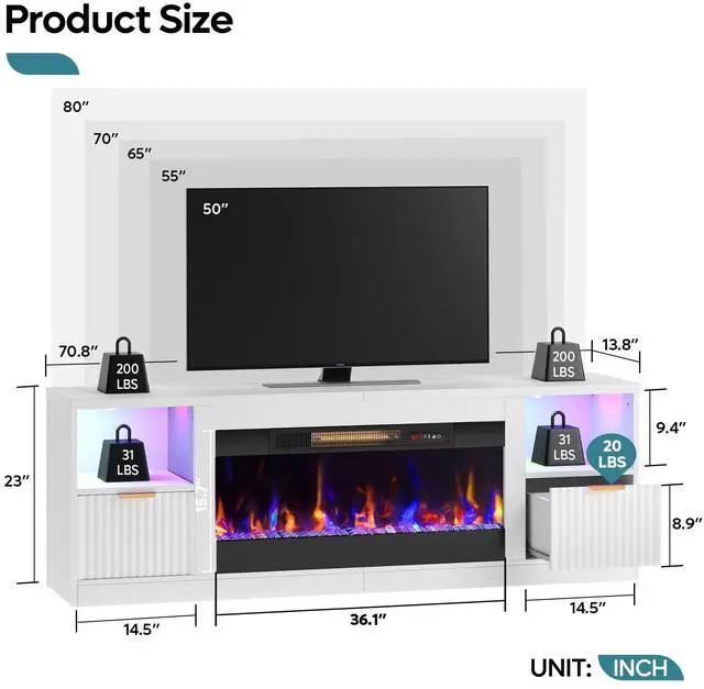 Alt view image 7 of 7 - Bestier 70" Fireplace TV Stand for TVs up to 80", Fluted Entertainment Center with 36" Fireplace, 0.5-9 Hours Timer, LED Lights Media Console for Living Room, White