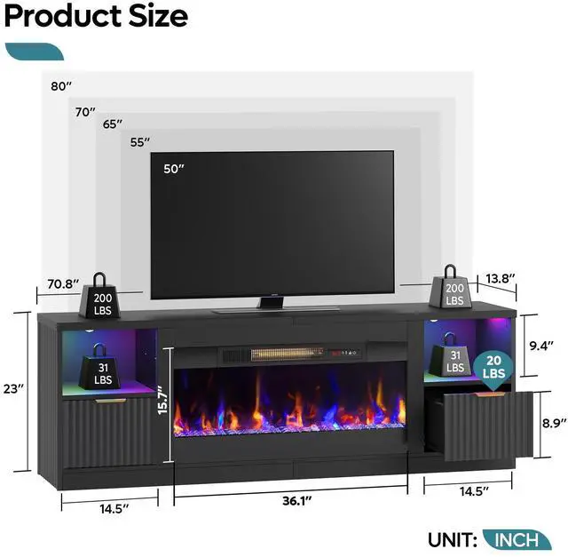 Alt view image 2 of 7 - Bestier 70" Fireplace TV Stand for TVs up to 80", Fluted Entertainment Center with 36" Fireplace, 0.5-9 Hours Timer, LED Lights Media Console for Living Room, Black