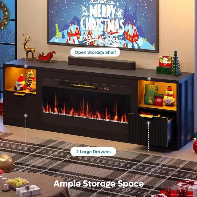 Alt view image 4 of 7 - Bestier 70" Fireplace TV Stand for TVs up to 80", Fluted Entertainment Center with 36" Fireplace, 0.5-9 Hours Timer, LED Lights Media Console for Living Room, Black