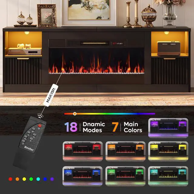 Alt view image 5 of 7 - Bestier 70" Fireplace TV Stand for TVs up to 80", Fluted Entertainment Center with 36" Fireplace, 0.5-9 Hours Timer, LED Lights Media Console for Living Room, Black