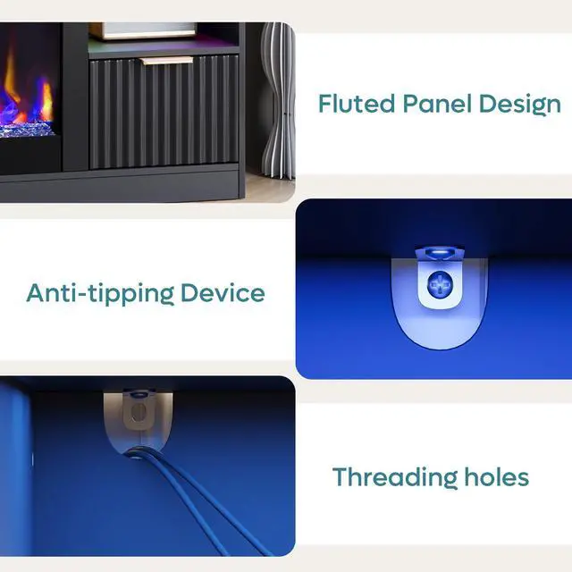 Alt view image 7 of 7 - Bestier 70" Fireplace TV Stand for TVs up to 80", Fluted Entertainment Center with 36" Fireplace, 0.5-9 Hours Timer, LED Lights Media Console for Living Room, Black