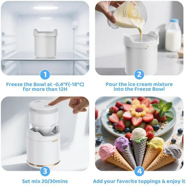 Alt view image 4 of 7 - BRIOBITE Rechargeable & Compact Electric Ice Cream Machine for Gelato, Milkshakes & Sorbet,Double-Insulated Bowl,Easy to Clean,Perfect for 1-2 Servings,White