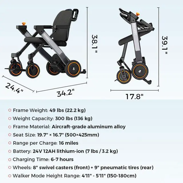Alt view image 4 of 7 - PAISEEC 3in1 Electric Wheelchair with Push-Assist, Foldable Power Wheelchair for Travel, Indoor, Outdoor Use Right-Hand Joystick