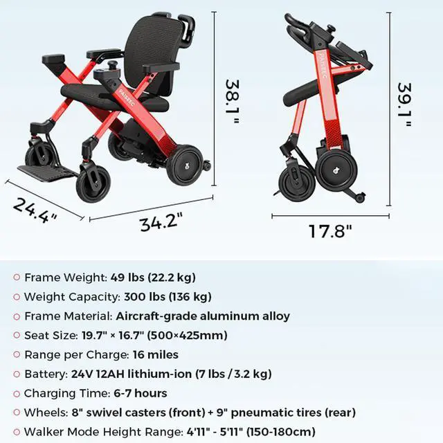 Alt view image 2 of 6 - PAISEEC 3in1 Electric Wheelchair with Push-Assist, Foldable Power Wheelchair for Travel, Indoor, Outdoor Use Left-Hand Joystick