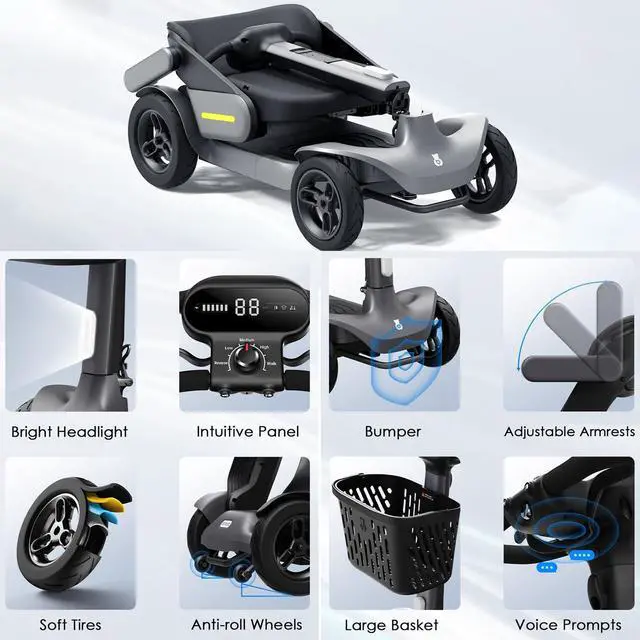 Alt view image 4 of 7 - PAISEEC S3 Foldable Mobility Scooter for Adults - 25 Miles Range, 6 mph, Lightweight Mobility Scooter, Large Wheels for Outdoor