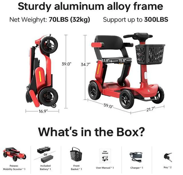 Alt view image 2 of 7 - PAISEEC S3 Foldable Mobility Scooter for Adults - 25 Miles Range, 6 mph, Lightweight Mobility Scooter, Large Wheels for Outdoor, Red