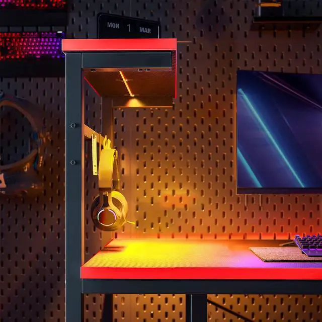 Alt view image 3 of 7 - Bestier 44 Inch Gaming Desk, 4 Tier Shelf Computer Desk with LED Lighting, Side Storage Bag and Accessories Hanger for Gaming and Working, Carbon Fiber Black&Red