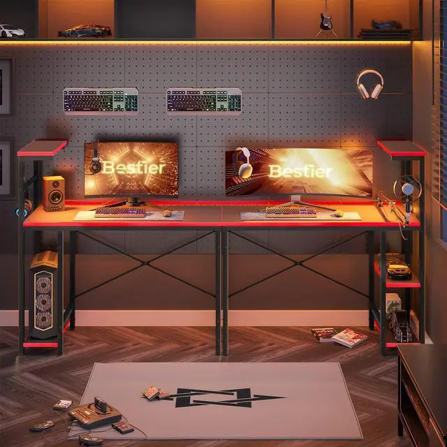 Alt view image 4 of 7 - Bestier 44 Inch Gaming Desk, 4 Tier Shelf Computer Desk with LED Lighting, Side Storage Bag and Accessories Hanger for Gaming and Working, Carbon Fiber Black&Red