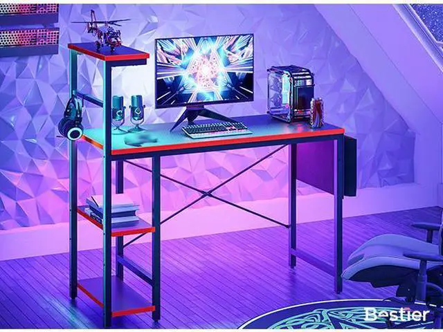 Alt view image 5 of 7 - Bestier 44 Inch Gaming Desk, 4 Tier Shelf Computer Desk with LED Lighting, Side Storage Bag and Accessories Hanger for Gaming and Working, Carbon Fiber Black&Red