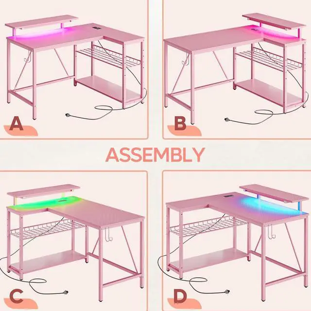 Alt view image 6 of 7 - Bestier 42 L Shaped Computer Desk with LED, Corner Gaming Desk with Power Outlet,Reversible Storage Shelves and Hooks,Pink
