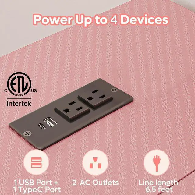 Alt view image 3 of 7 - Bestier 42 L Shaped Computer Desk with LED, Corner Gaming Desk with Power Outlet,Reversible Storage Shelves and Hooks,Pink