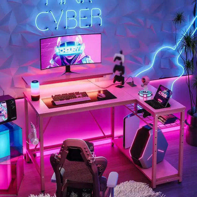 Alt view image 5 of 7 - Bestier 42 L Shaped Computer Desk with LED, Corner Gaming Desk with Power Outlet,Reversible Storage Shelves and Hooks,Pink