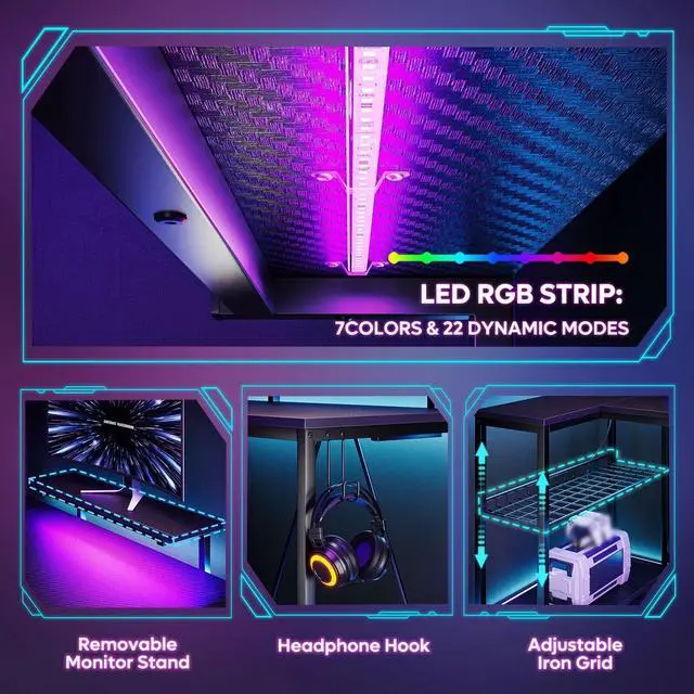 Alt view image 5 of 7 - Bestier 48" L-Shaped Gaming Desk with LED Lights, Power Outlets, and Monitor Stand Carbon Fiber Black