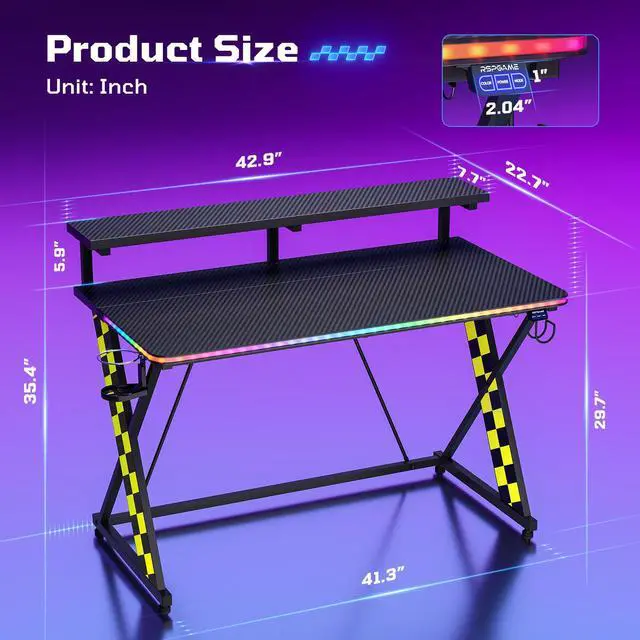 Alt view image 7 of 7 - RSPGAME Basic 43" Music Sync LED Gaming Desk with Dynamic Color-Changing & Racing Gear Style, X-Shape Ergonomic Monitor Stand Computer Desk with Cup Holder and Headset Hanger, Black & Yellow
