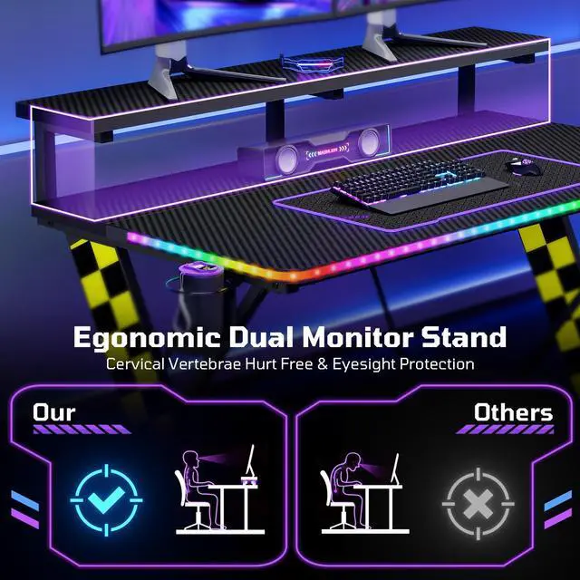 Alt view image 3 of 7 - RSPGAME Basic 43" Music Sync LED Gaming Desk with Dynamic Color-Changing & Racing Gear Style, X-Shape Ergonomic Monitor Stand Computer Desk with Cup Holder and Headset Hanger, Black & Yellow