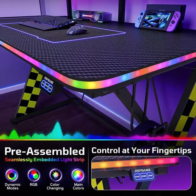 Alt view image 4 of 7 - RSPGAME Basic 43" Music Sync LED Gaming Desk with Dynamic Color-Changing & Racing Gear Style, X-Shape Ergonomic Monitor Stand Computer Desk with Cup Holder and Headset Hanger, Black & Yellow