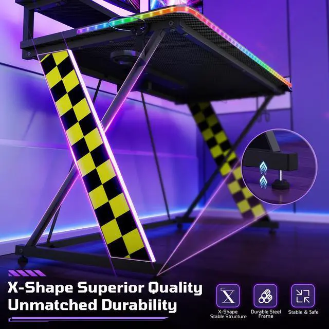 Alt view image 6 of 7 - RSPGAME Basic 43" Music Sync LED Gaming Desk with Dynamic Color-Changing & Racing Gear Style, X-Shape Ergonomic Monitor Stand Computer Desk with Cup Holder and Headset Hanger, Black & Yellow