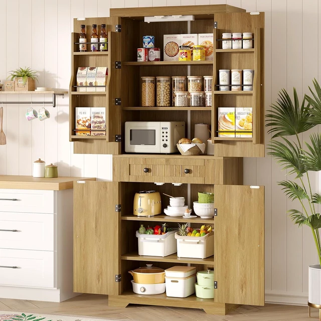Main image of Bestier Pantry Cabinet, 72" Tall Kitchen Cabinet with Doors, 2 Adjustable Shelves & 1 Drawer, Kitchen Storage Cabinets with Sensor Light, Freestanding Cupboards for Dining Room, Bathroom, Natual Oak