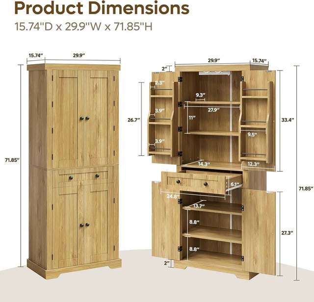 Alt view image 2 of 7 - Bestier Pantry Cabinet, 72" Tall Kitchen Cabinet with Doors, 2 Adjustable Shelves & 1 Drawer, Kitchen Storage Cabinets with Sensor Light, Freestanding Cupboards for Dining Room, Bathroom, Natual Oak