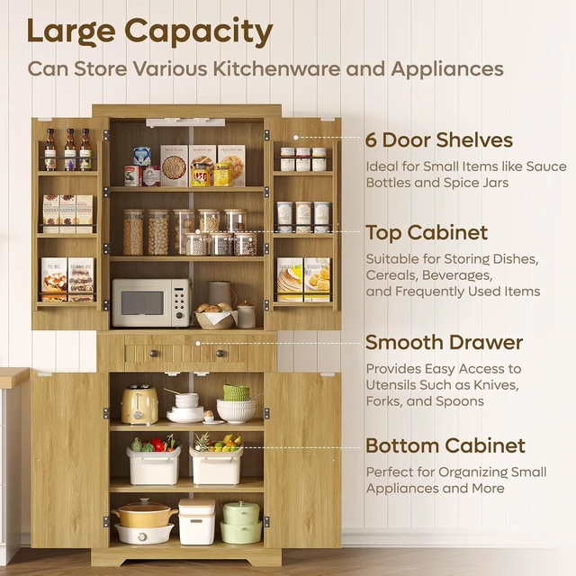 Alt view image 4 of 7 - Bestier Pantry Cabinet, 72" Tall Kitchen Cabinet with Doors, 2 Adjustable Shelves & 1 Drawer, Kitchen Storage Cabinets with Sensor Light, Freestanding Cupboards for Dining Room, Bathroom, Natual Oak