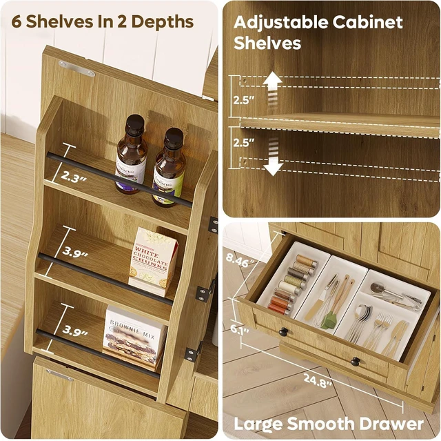 Alt view image 5 of 7 - Bestier Pantry Cabinet, 72" Tall Kitchen Cabinet with Doors, 2 Adjustable Shelves & 1 Drawer, Kitchen Storage Cabinets with Sensor Light, Freestanding Cupboards for Dining Room, Bathroom, Natual Oak