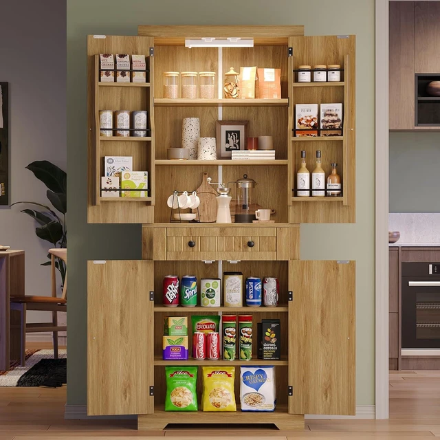 Alt view image 7 of 7 - Bestier Pantry Cabinet, 72" Tall Kitchen Cabinet with Doors, 2 Adjustable Shelves & 1 Drawer, Kitchen Storage Cabinets with Sensor Light, Freestanding Cupboards for Dining Room, Bathroom, Natual Oak