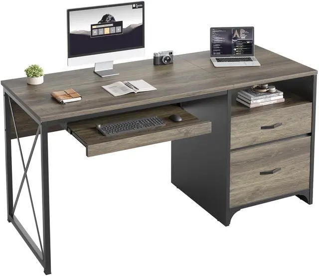 Alt view image 2 of 7 - Bestier - 55 inch Computer Desk with Drawers & Keyboard Tray & File Cabinet Home Office Desk - Retro Gray Oak Dark