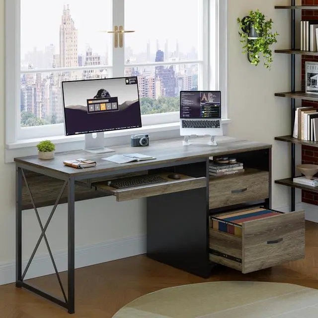 Main image of Bestier - 55 inch Computer Desk with Drawers & Keyboard Tray & File Cabinet Home Office Desk - Retro Gray Oak Dark